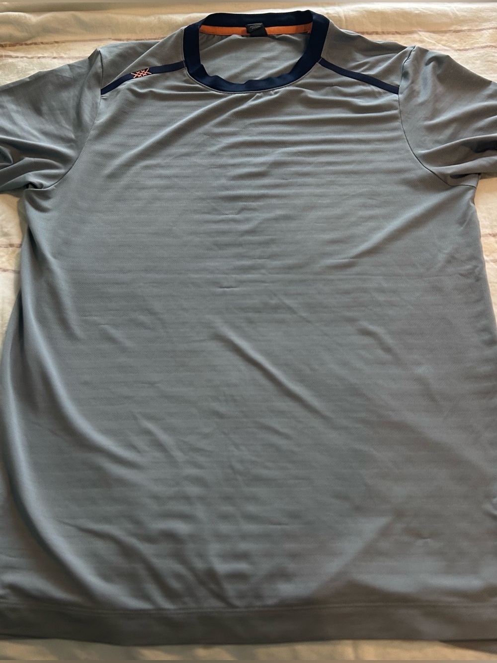 RHONE Men's Light Gray Performance Tee with Navy Trim Orange collar Trim EUC S